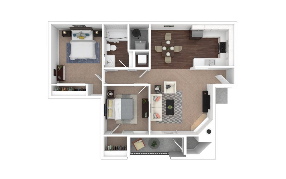 B1 - 2 bedroom floorplan layout with 1 bath and 833 square feet.