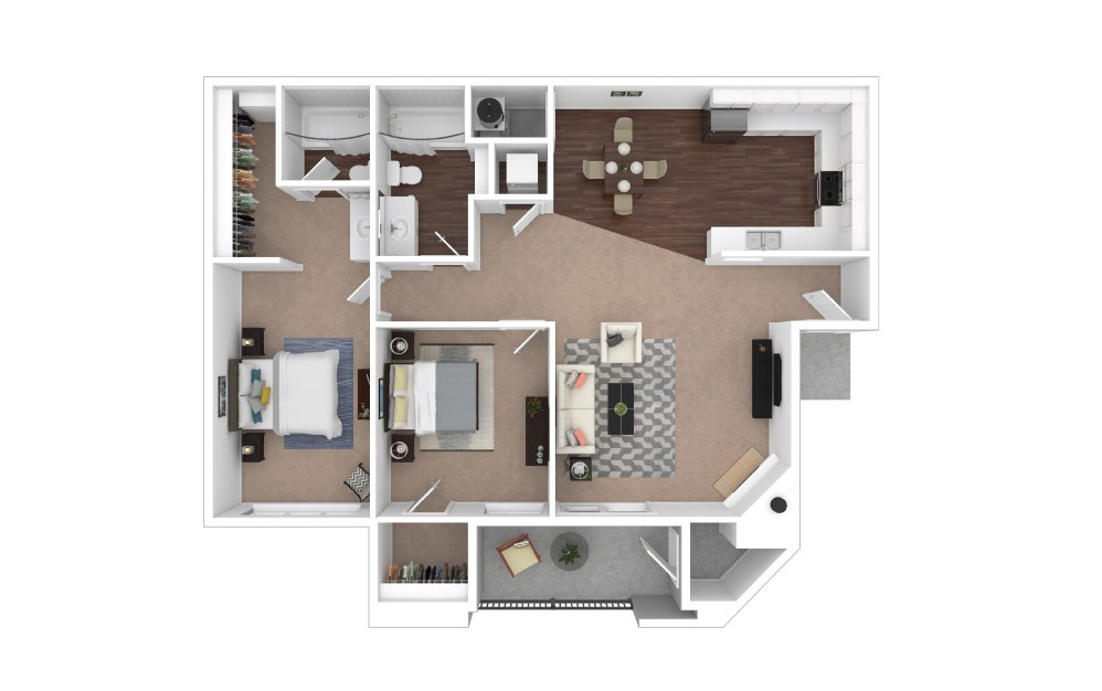 B2 - 2 bedroom floorplan layout with 2 baths and 916 square feet.
